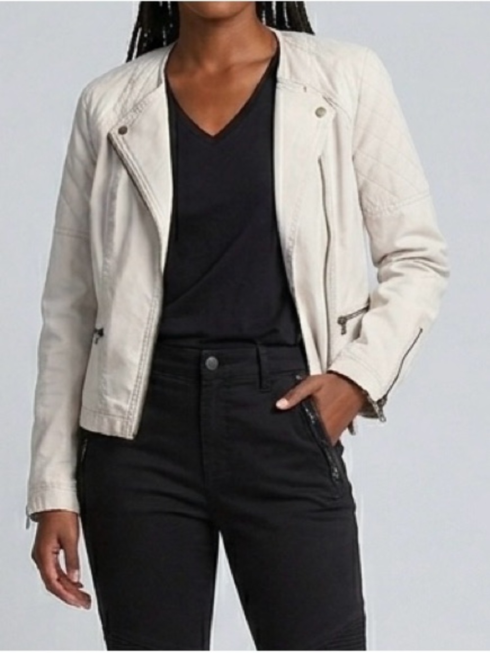 Gap Quilted Moto Jacket Light Gray Stone Zip Front